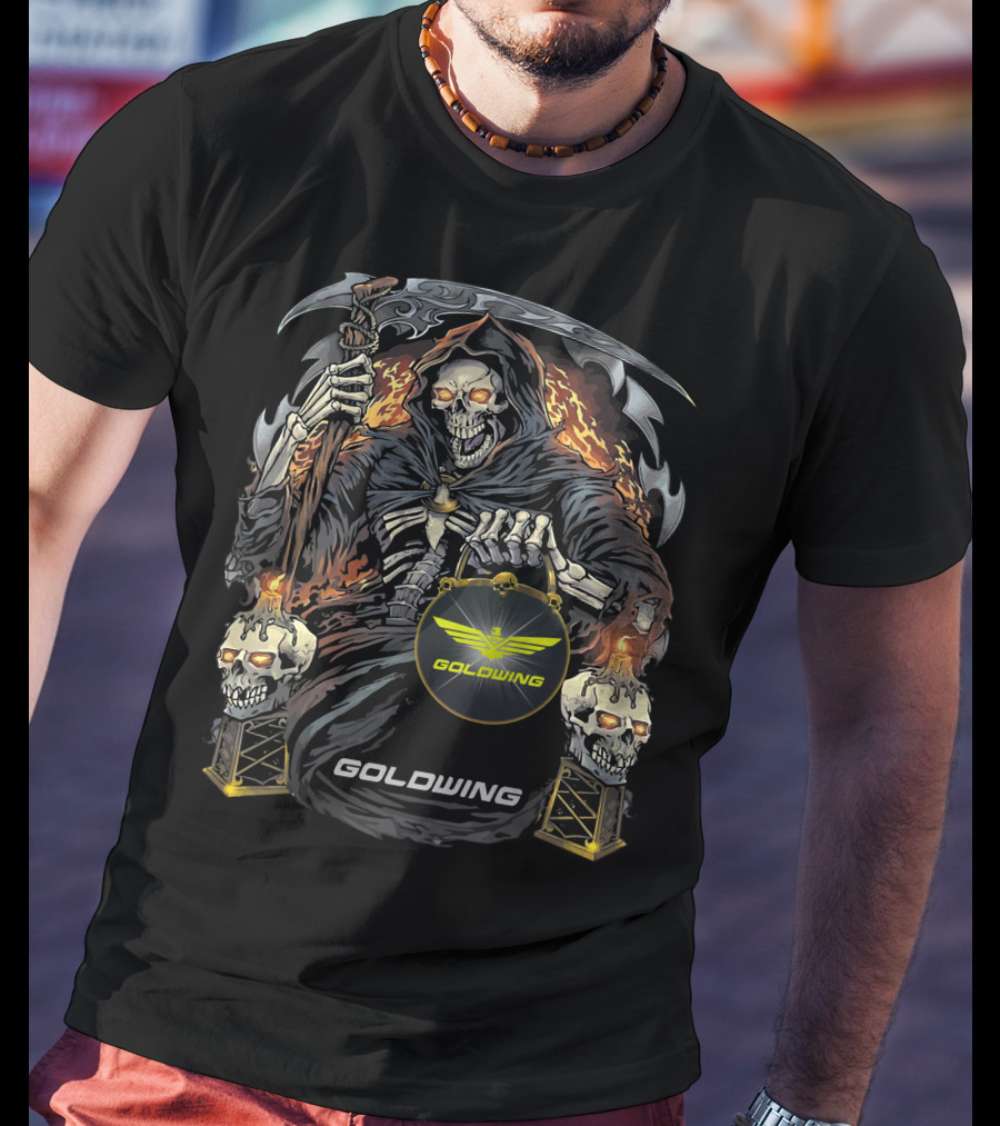 Goldwing Grim Reaper Holding Lantern With Flaming Skulls T-Shirt