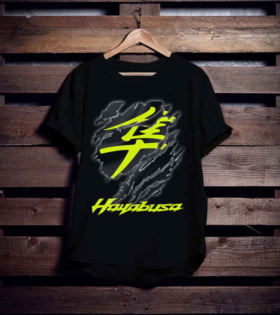 Hayabusa 07 Yellow Kanji Torn Black T-Shirt