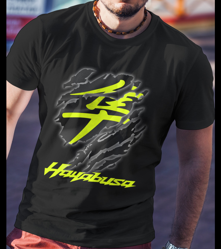 Hayabusa 07 Yellow Kanji Torn Black T-Shirt