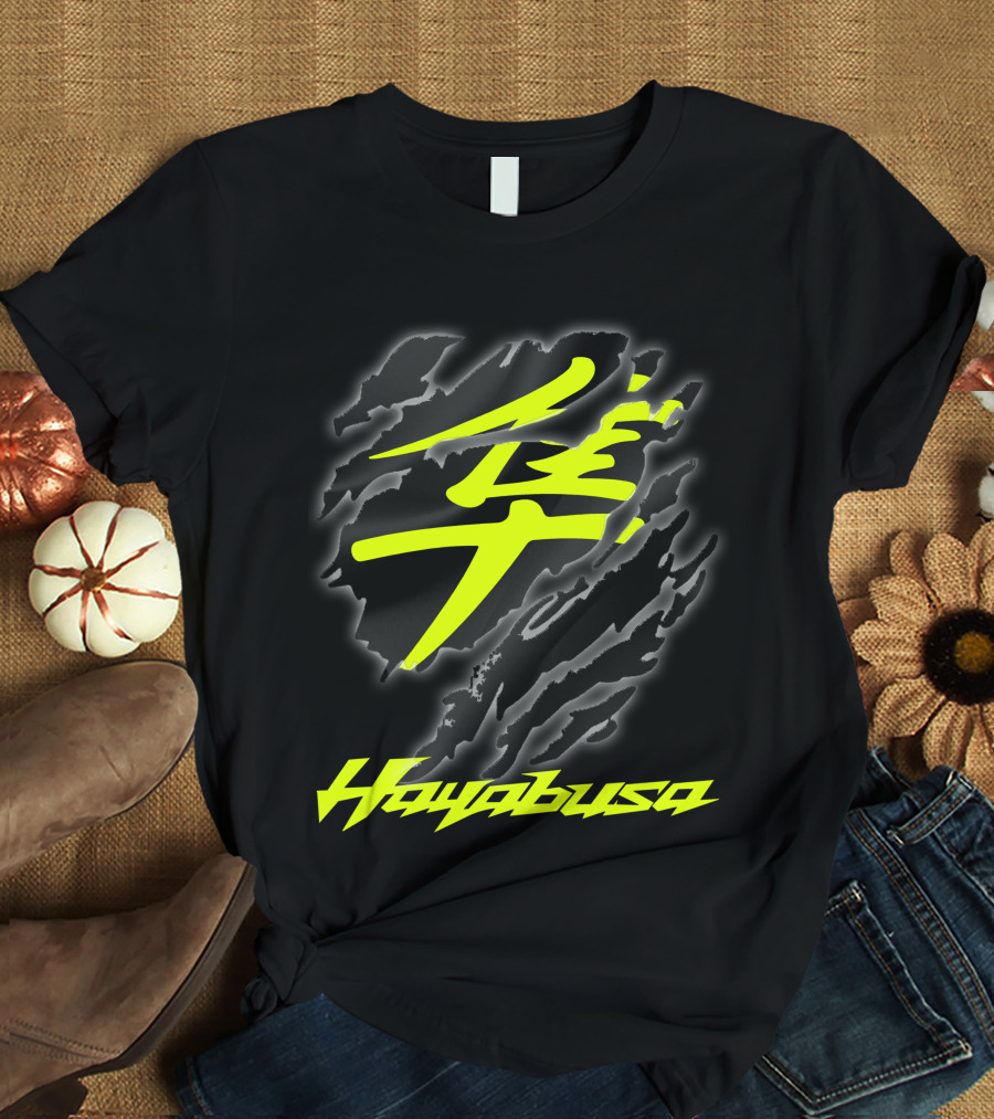 Hayabusa 07 Yellow Kanji Torn Black T-Shirt