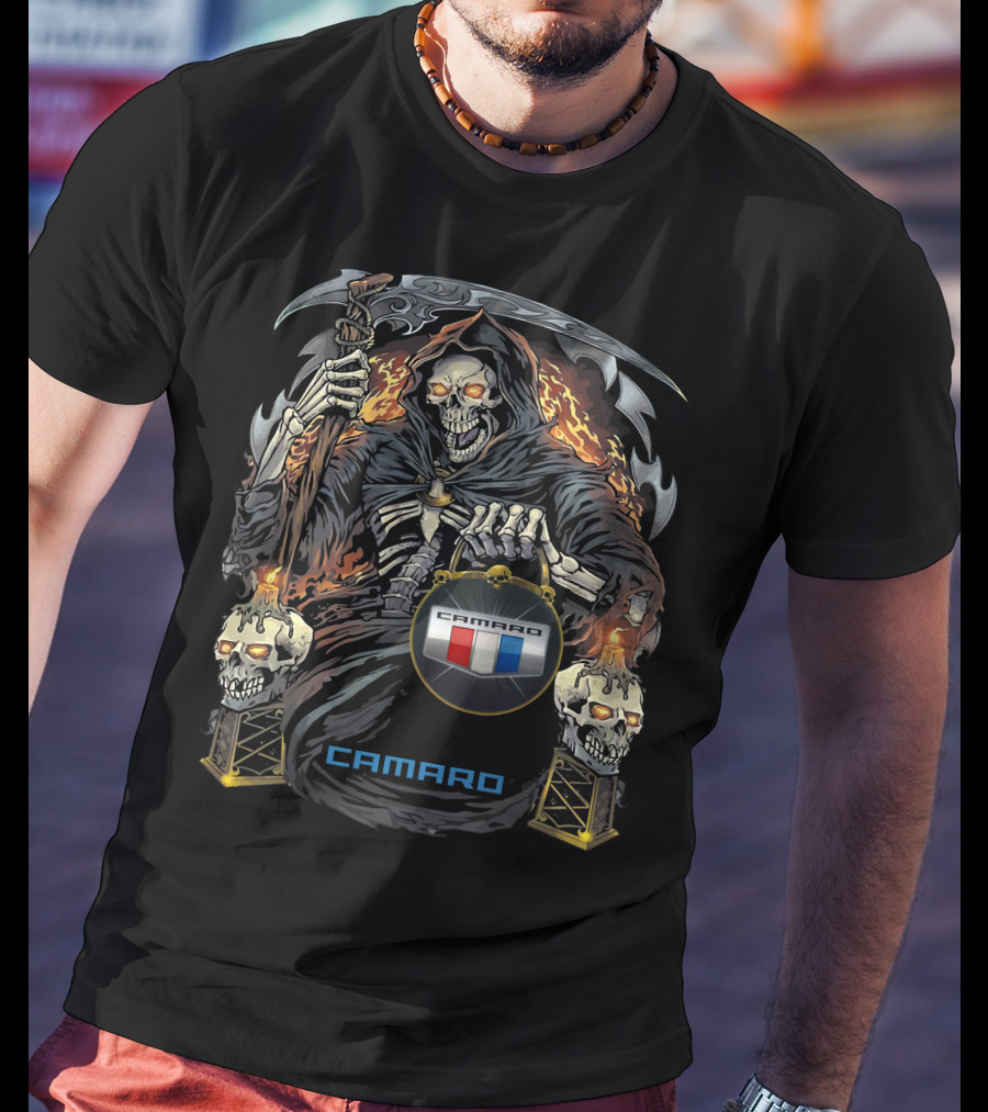 Camaro Flaming Reaper With Skull Torches T-Shirt