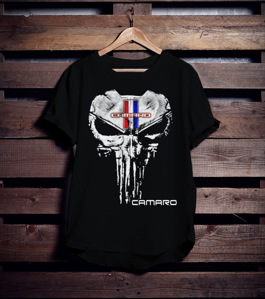 Camaro Punisher Skull Logo Red Blue Black T-Shirt