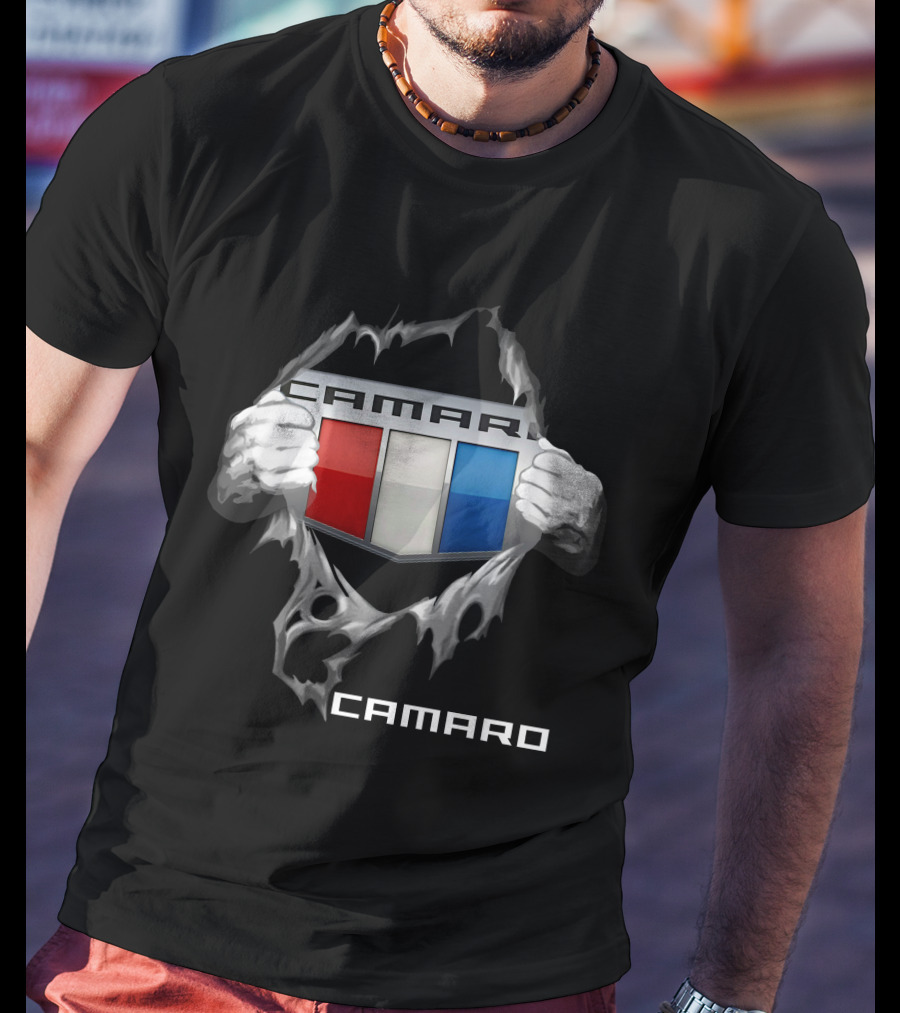 Camaro Emblem With Red White Blue Stripes And Ripped Skin Effect T-Shirt