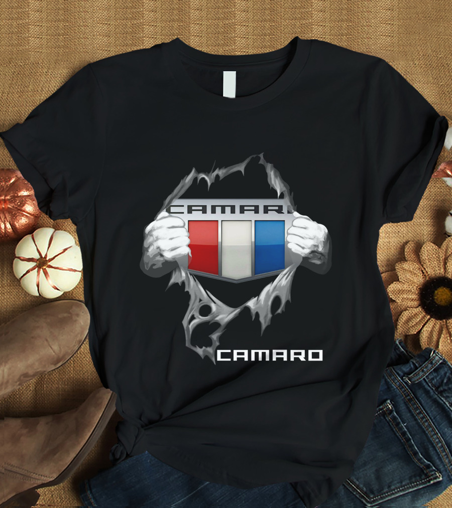 Camaro Emblem With Red White Blue Stripes And Ripped Skin Effect T-Shirt