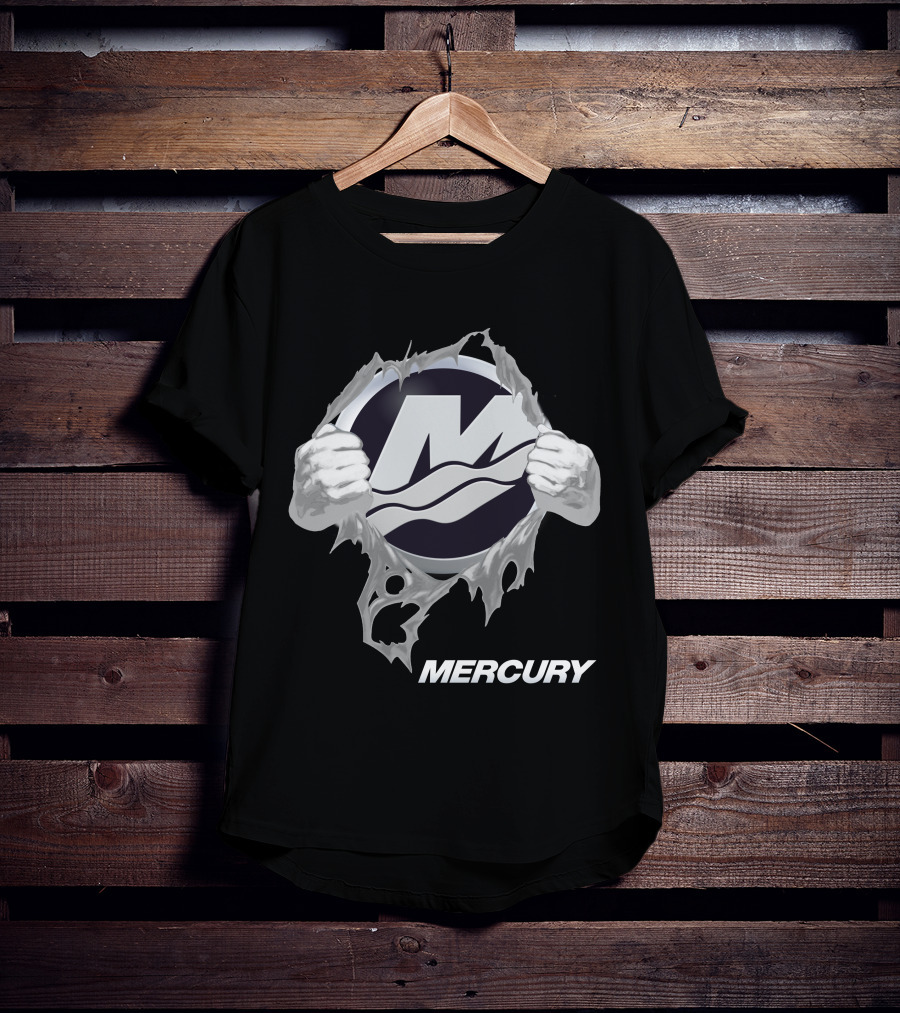 Mercury Boats Logo With Hands Ripping Through Black T-Shirt