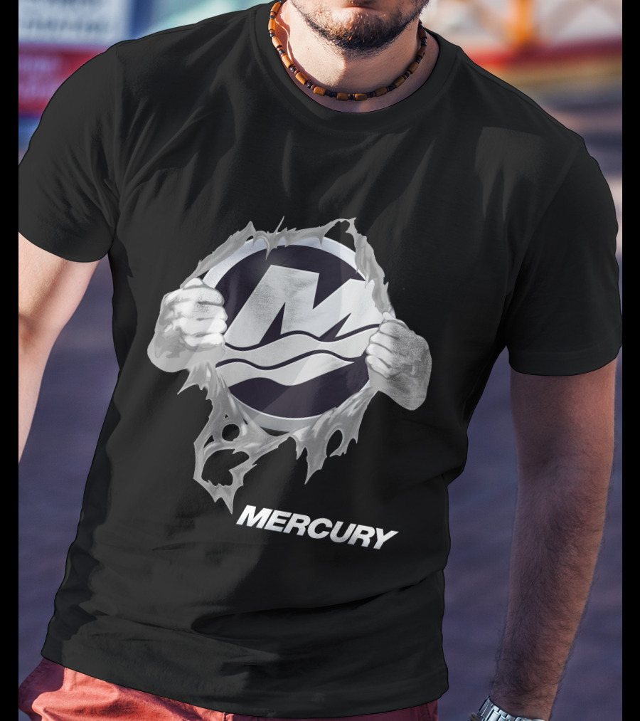 Mercury Boats Logo With Hands Ripping Through Black T-Shirt