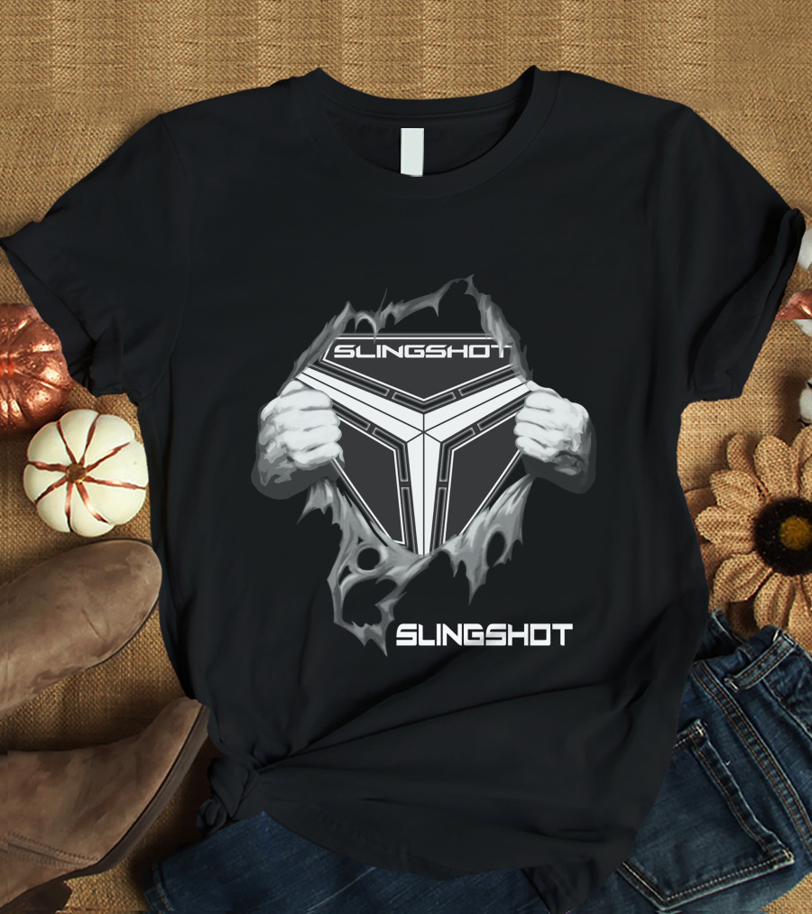 Slingshot Emblem With Hands Pulling Away Black T-Shirt