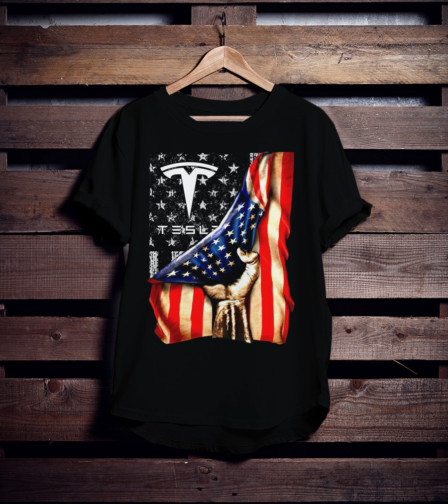 Tesla Logo American Flag Hand Folded Stars Stripes Vintage Style T-Shirt