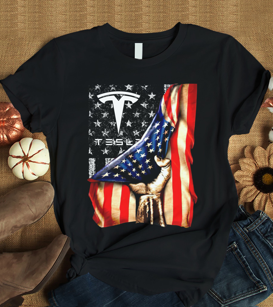 Tesla Logo American Flag Hand Folded Stars Stripes Vintage Style T-Shirt