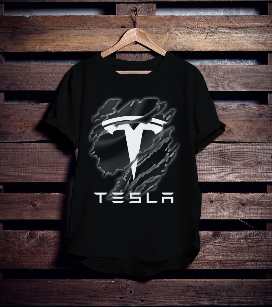 Tesla Logo With Ripped Design Effect In Black And White T-Shirt