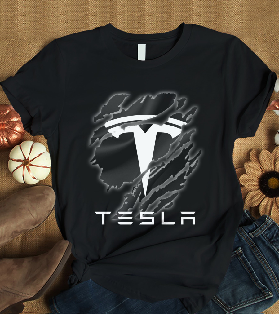Tesla Logo With Ripped Design Effect In Black And White T-Shirt