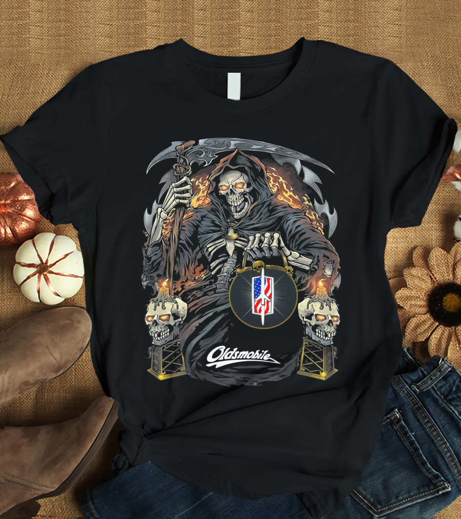 Oldsmobile Skull And Grim Reaper With Flaming American Flag T-Shirt