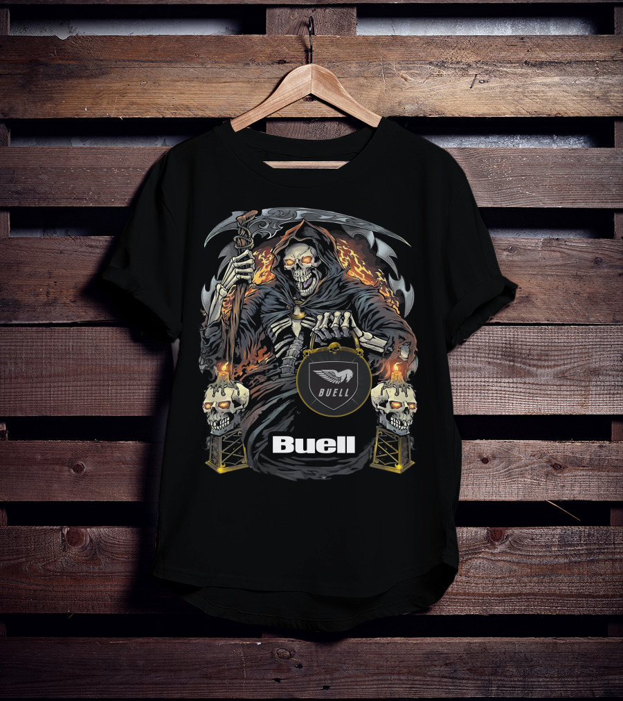 Buell Grim Reaper Motorcycle Skeleton With Scythe And Flaming Skulls T-Shirt