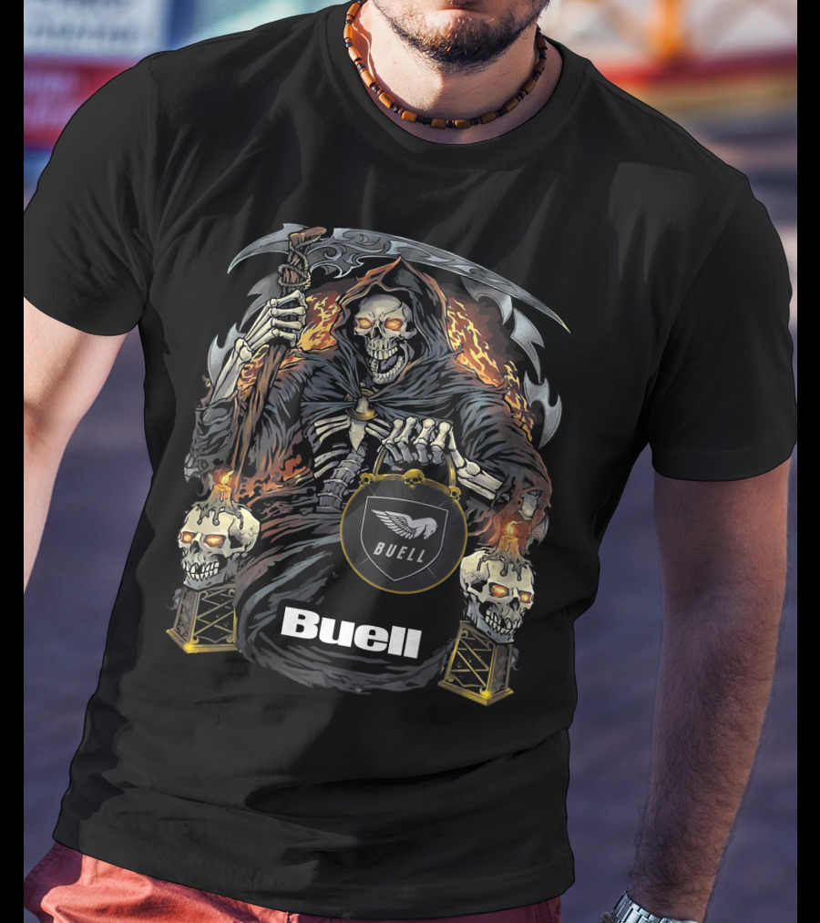 Buell Grim Reaper Motorcycle Skeleton With Scythe And Flaming Skulls T-Shirt