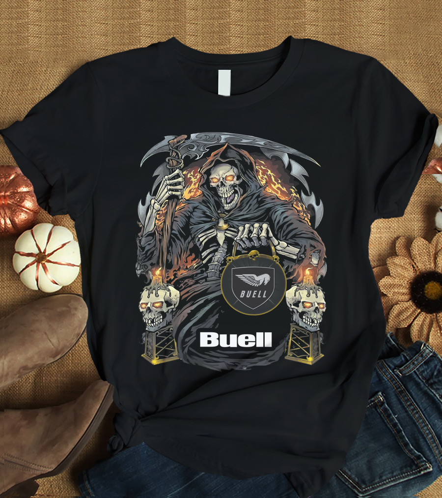 Buell Grim Reaper Motorcycle Skeleton With Scythe And Flaming Skulls T-Shirt