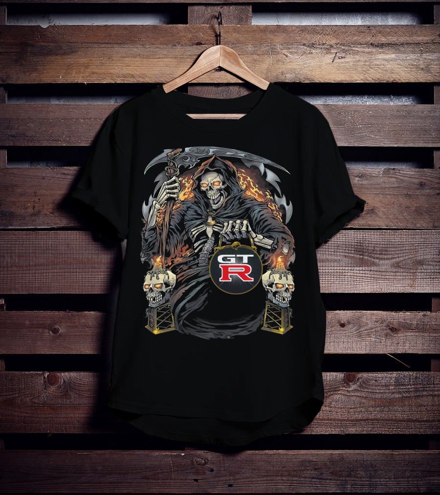 Gtr Racing Skull Reaper With Flaming Scythe And Skulls T-Shirt