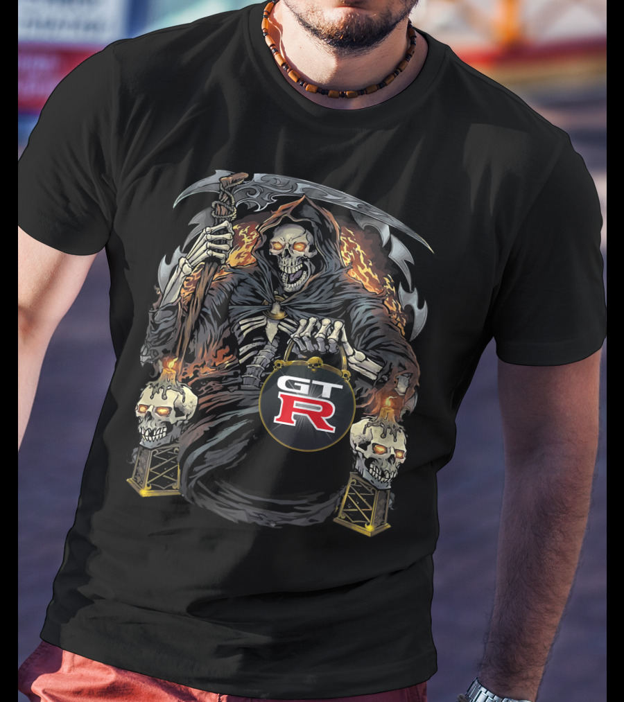 Gtr Racing Skull Reaper With Flaming Scythe And Skulls T-Shirt