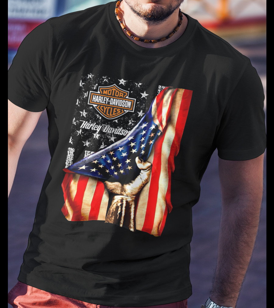 Harley Davidson American Flag Hand Motorcycle Cycles T-Shirt