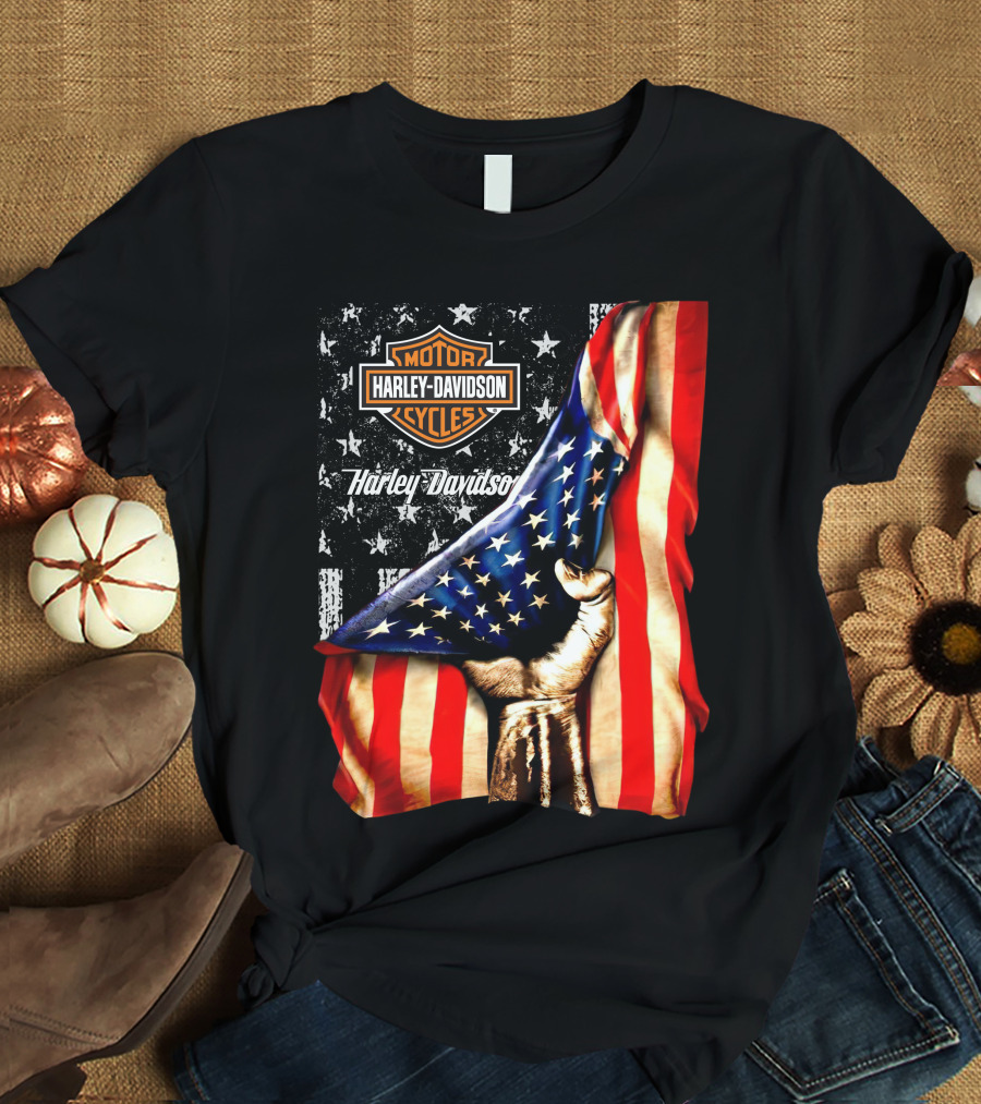 Harley Davidson American Flag Hand Motorcycle Cycles T-Shirt