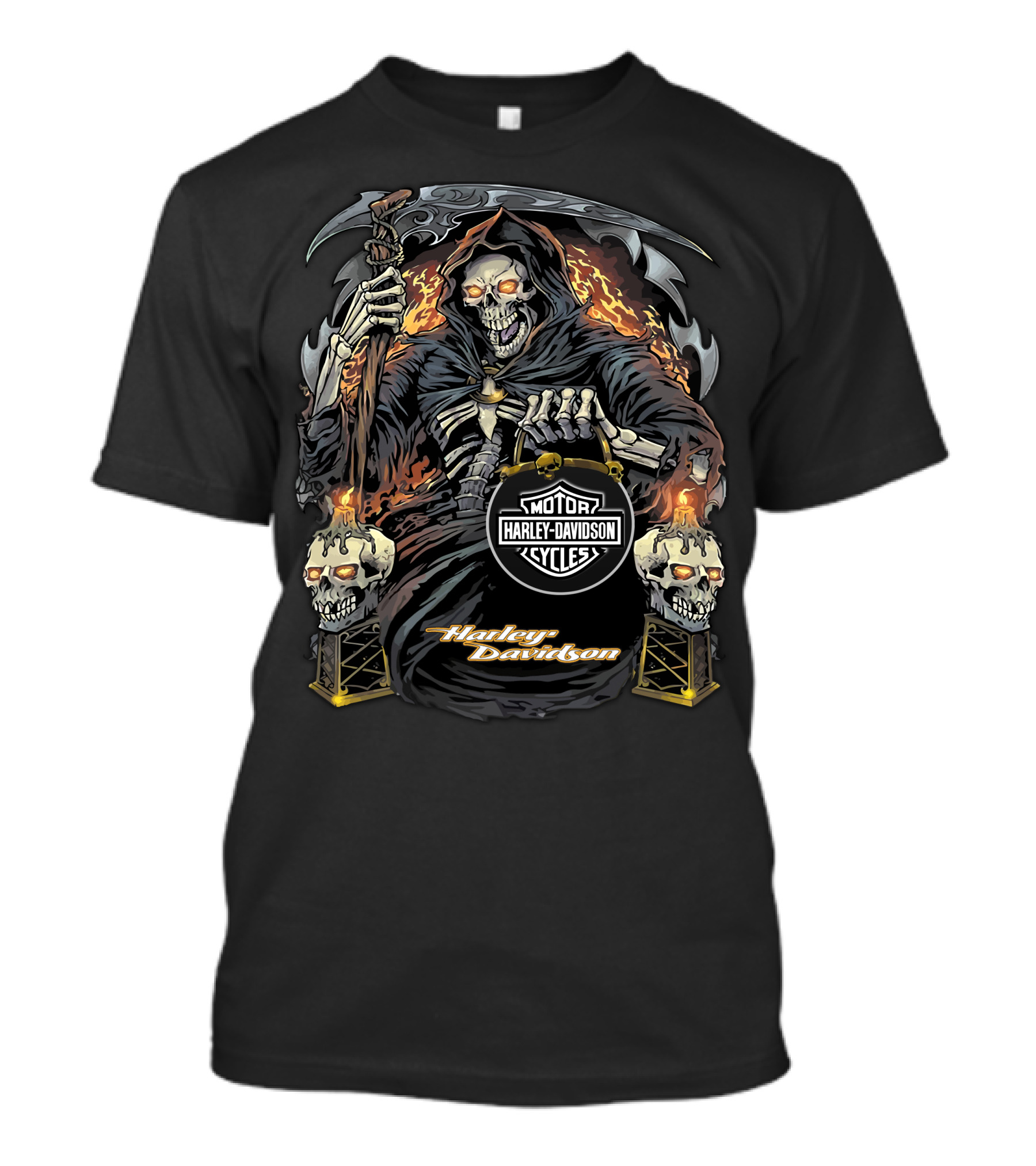 Harley Davidson Grim Reaper With Flaming Skull Torches T-Shirt