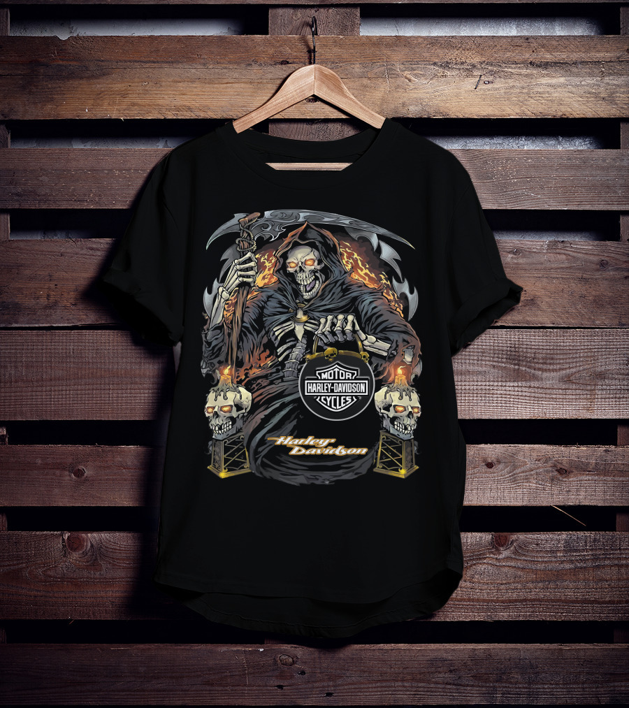Harley Davidson Grim Reaper With Flaming Skull Torches T-Shirt