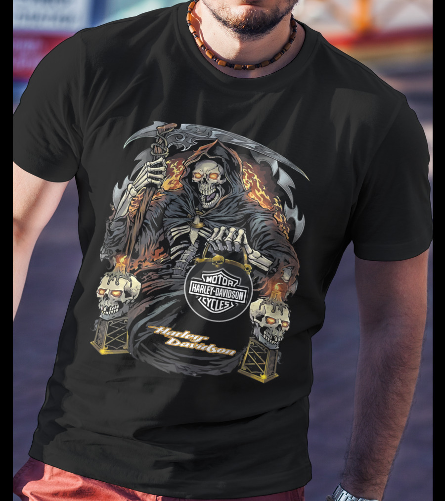 Harley Davidson Grim Reaper With Flaming Skull Torches T-Shirt