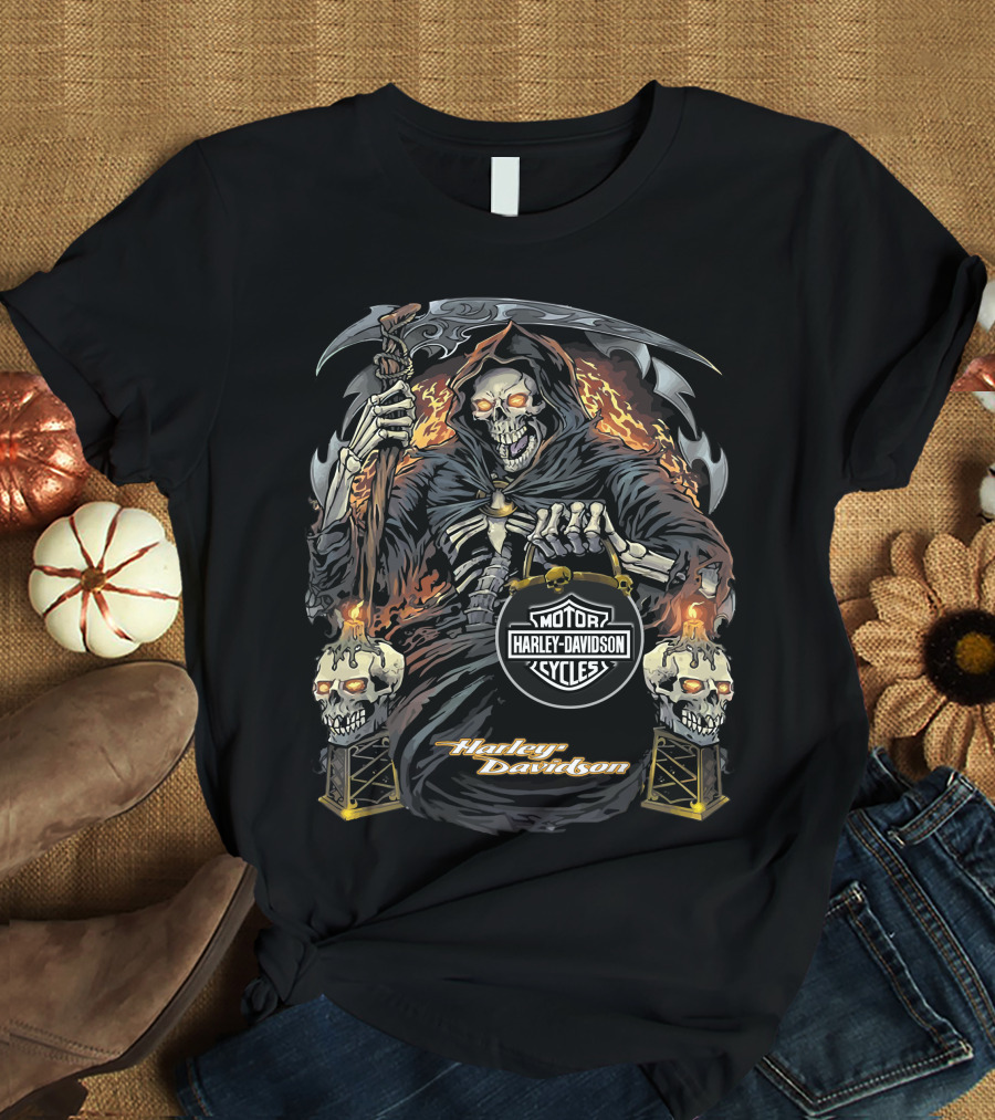 Harley Davidson Grim Reaper With Flaming Skull Torches T-Shirt
