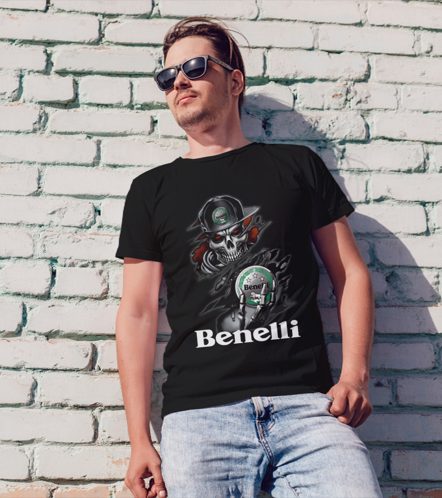 Benelli Skull Holding Logo Emblem With Stars And Badge In Dark Theme T-Shirt