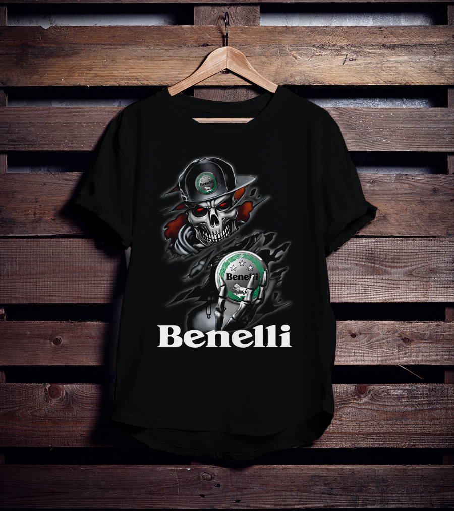 Benelli Skull Holding Logo Emblem With Stars And Badge In Dark Theme T-Shirt