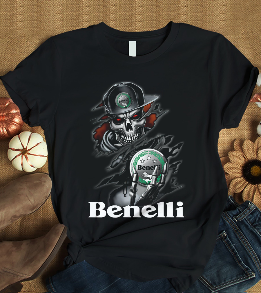 Benelli Skull Holding Logo Emblem With Stars And Badge In Dark Theme T-Shirt