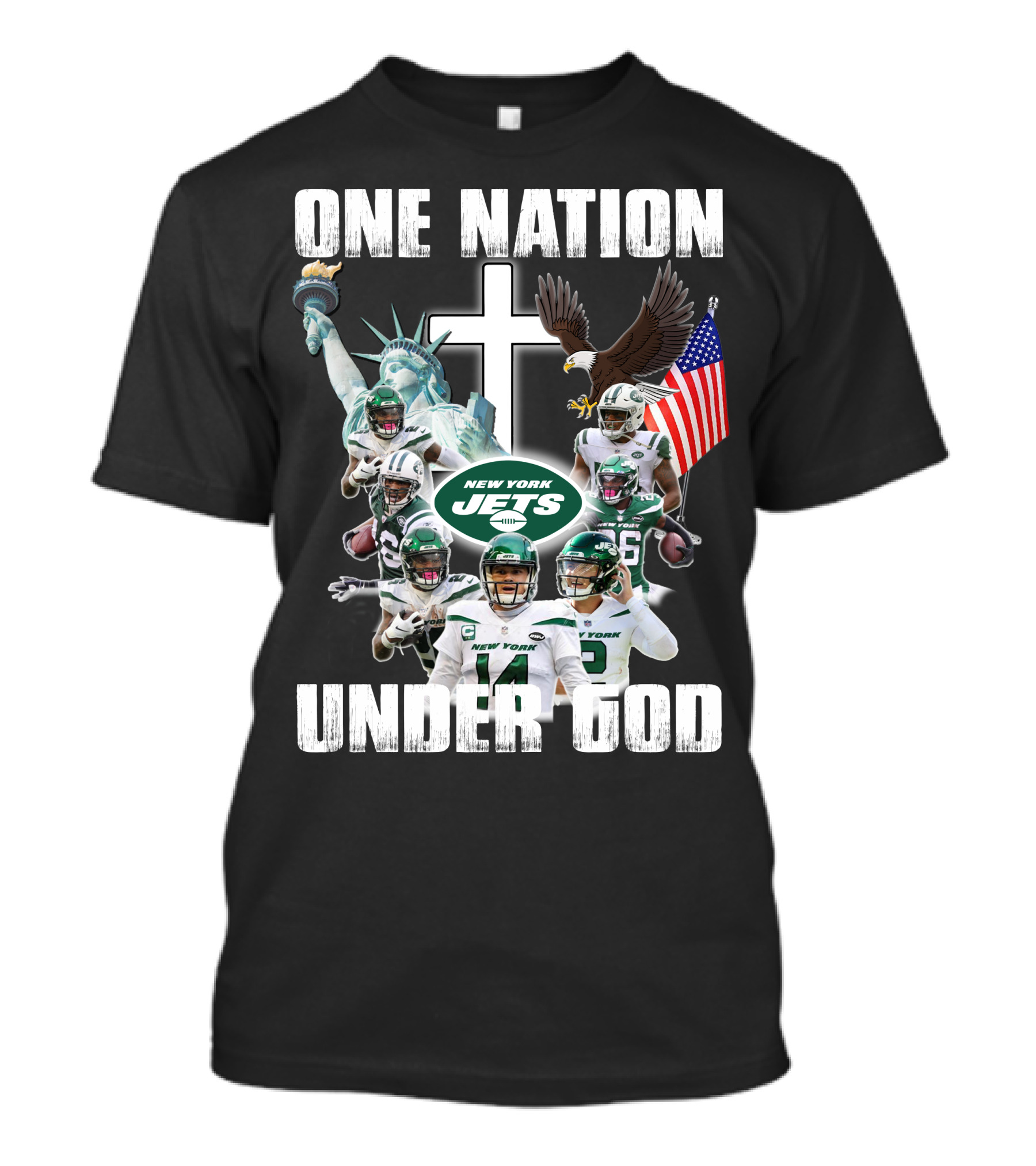 New York Jets One Nation Under God Statue Of Liberty Eagle Flag Football Players T-Shirt
