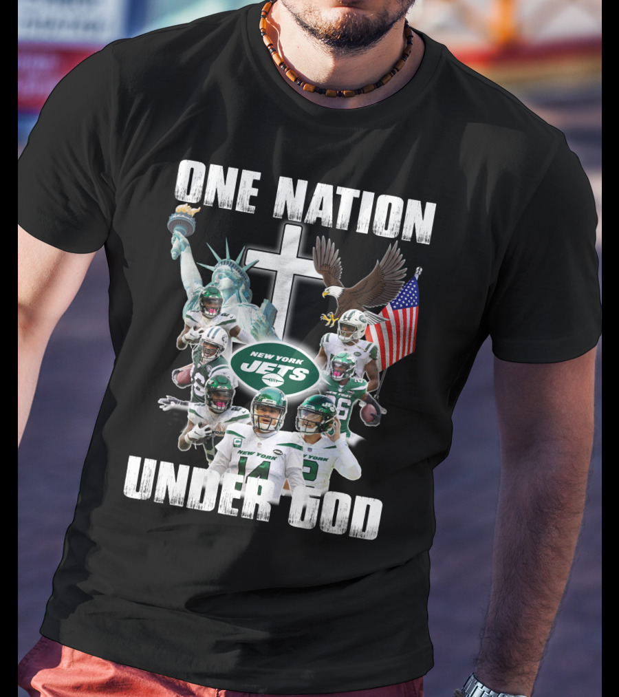 New York Jets One Nation Under God Statue Of Liberty Eagle Flag Football Players T-Shirt