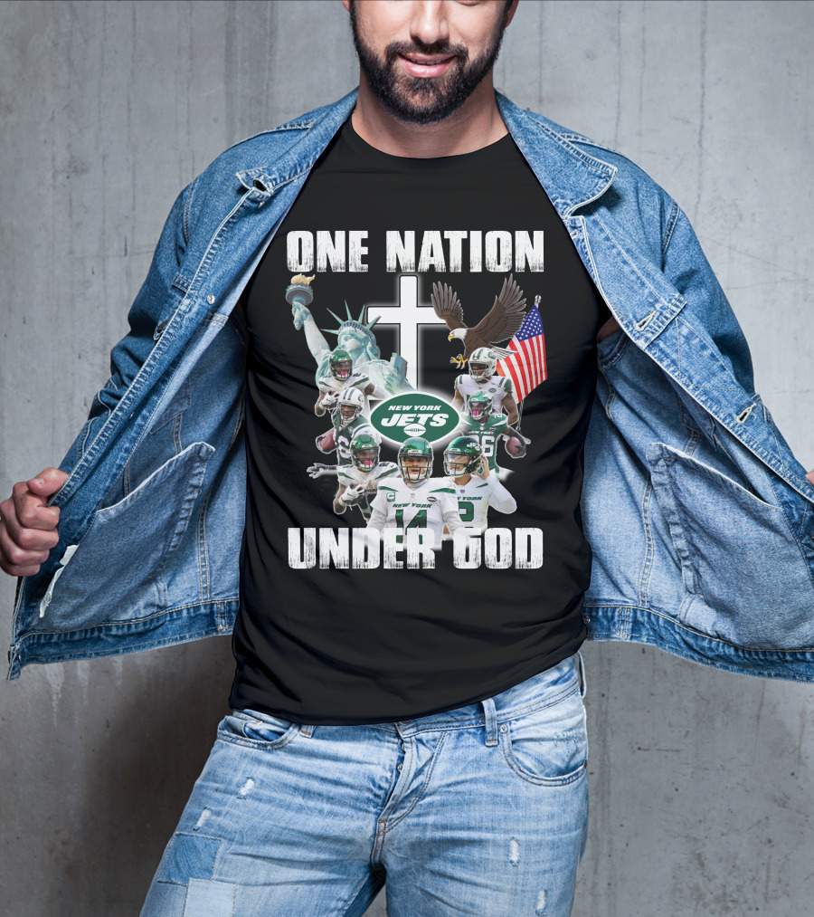 New York Jets One Nation Under God Statue Of Liberty Eagle Flag Football Players T-Shirt