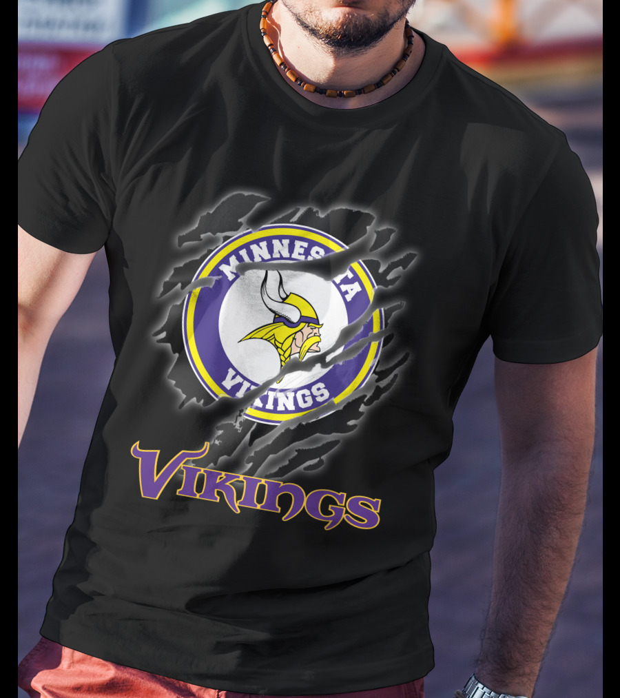 Minnesota Vikings Ripped Logo Design Featuring Iconic Viking Helmet And Horns T-Shirt