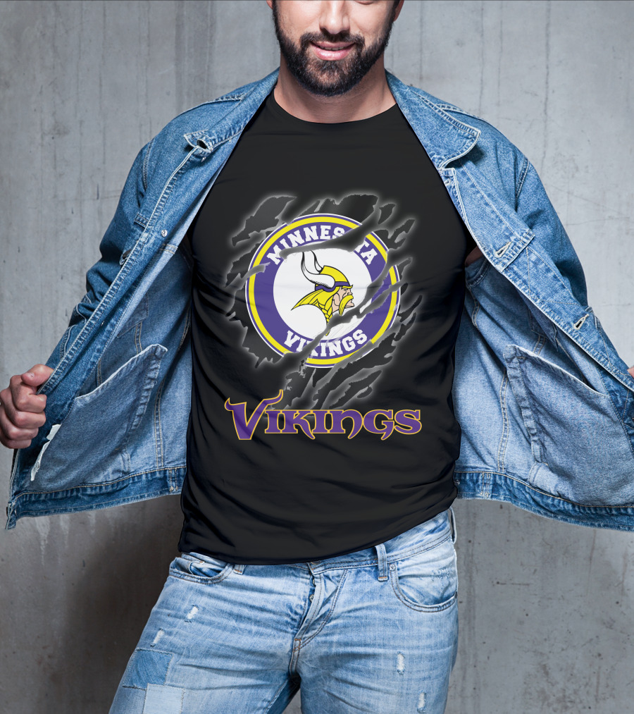 Minnesota Vikings Ripped Logo Design Featuring Iconic Viking Helmet And Horns T-Shirt