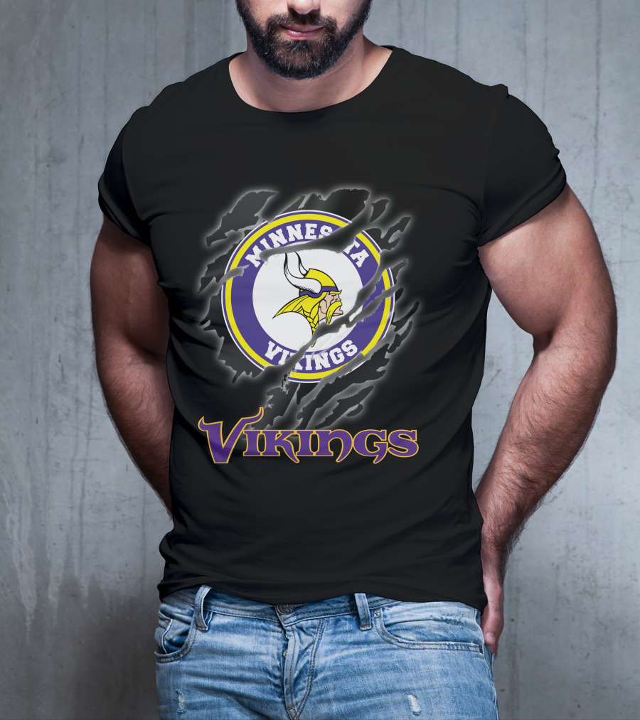 Minnesota Vikings Ripped Logo Design Featuring Iconic Viking Helmet And Horns T-Shirt