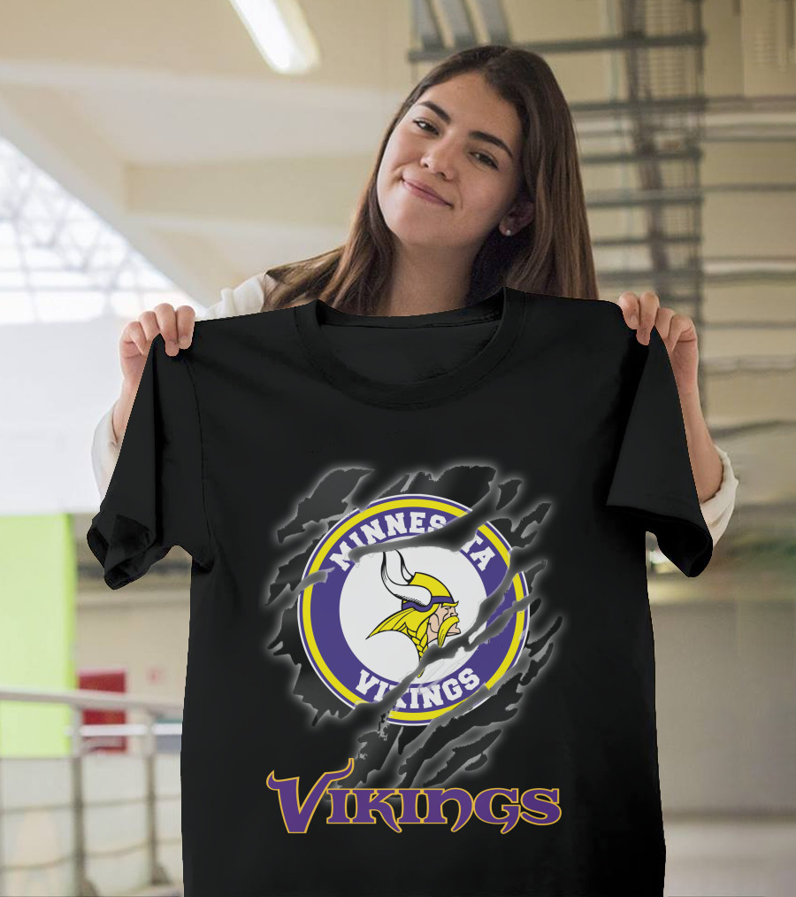 Minnesota Vikings Ripped Logo Design Featuring Iconic Viking Helmet And Horns T-Shirt