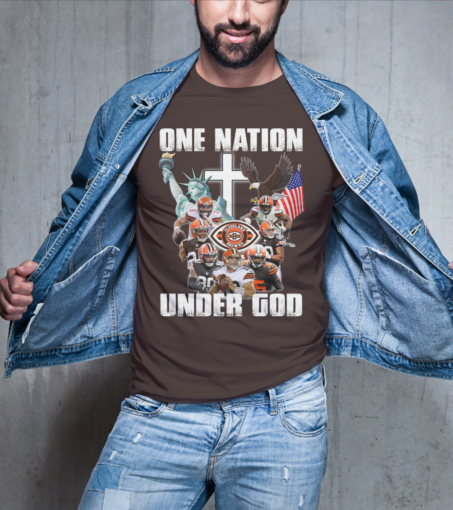 Cleveland Browns One Nation Under God Players Statue Of Liberty Eagle Flag Cross T-Shirt