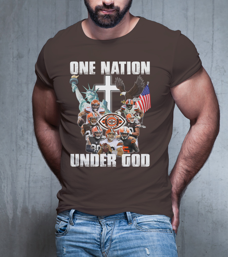 Cleveland Browns One Nation Under God Players Statue Of Liberty Eagle Flag Cross T-Shirt