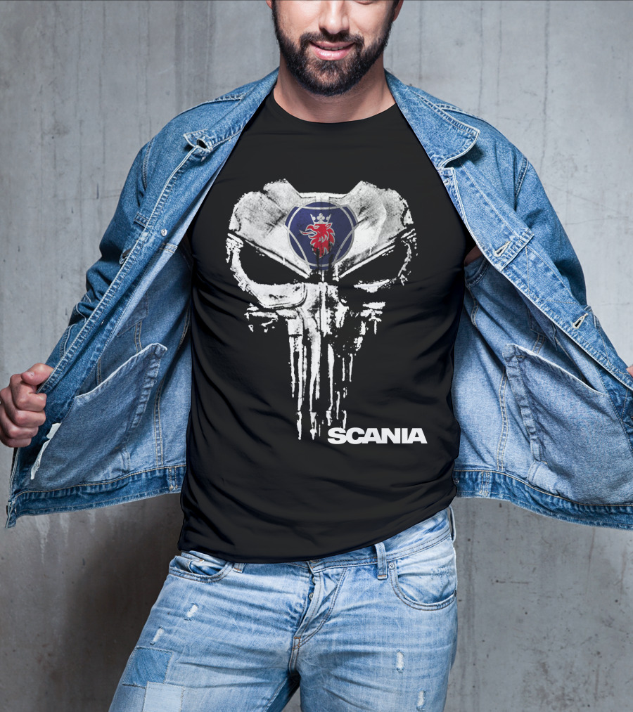 Scania Punisher Logo With Grunge Skull And Red Griffin T-Shirt