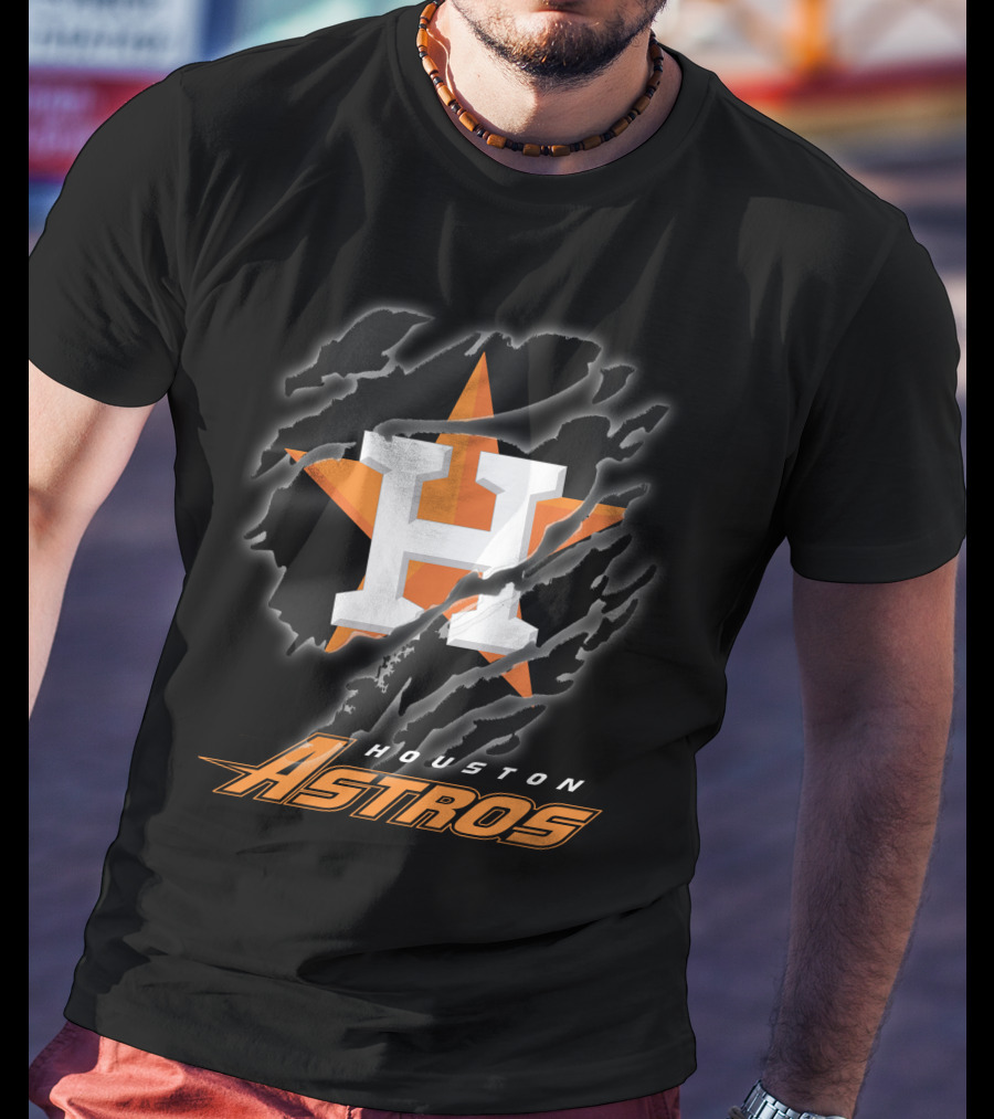 Houston Astros Logo With Orange Star And Dynamic Ripped Effect T-Shirt