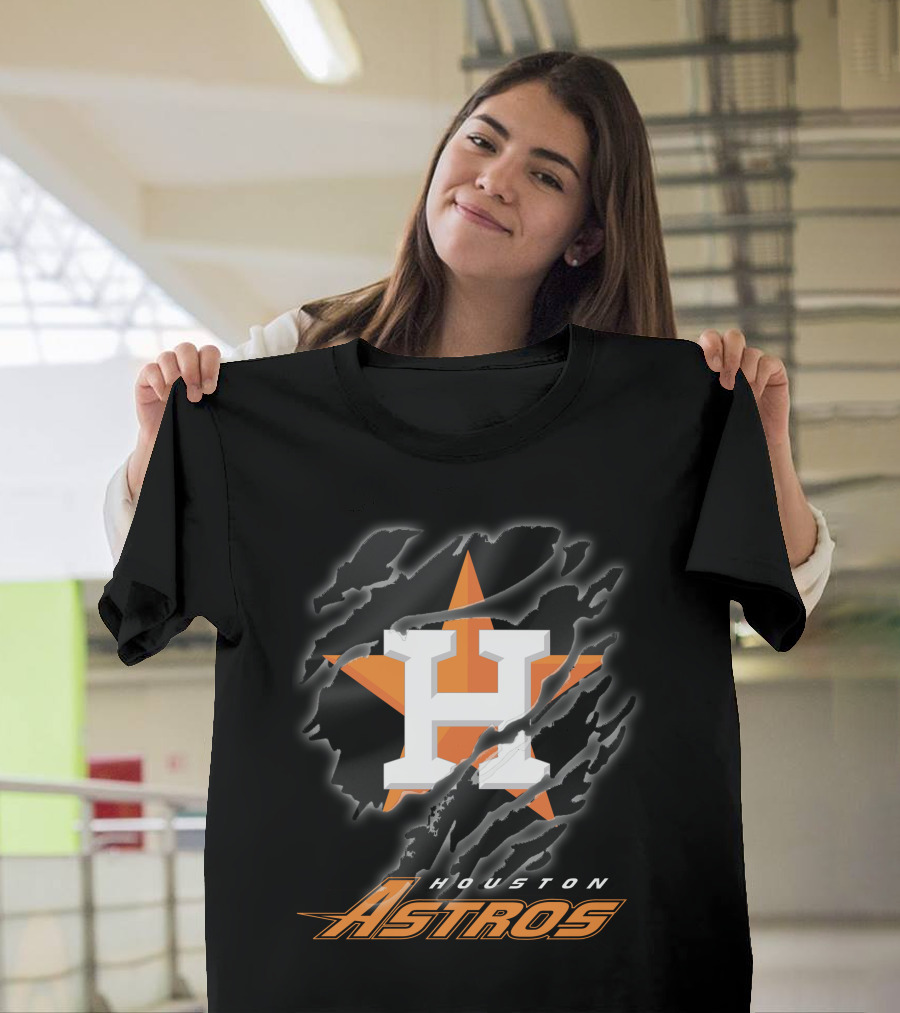 Houston Astros Logo With Orange Star And Dynamic Ripped Effect T-Shirt