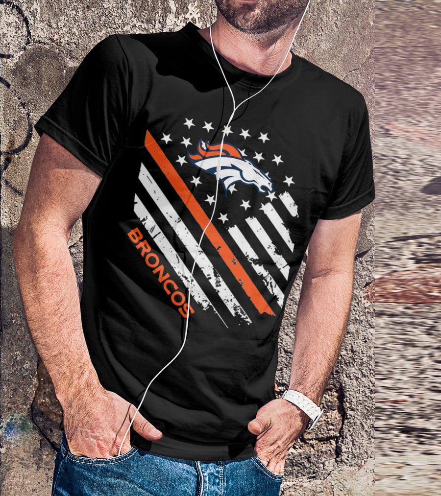 Broncos Logo With Stars And Stripes In Orange And White T-Shirt