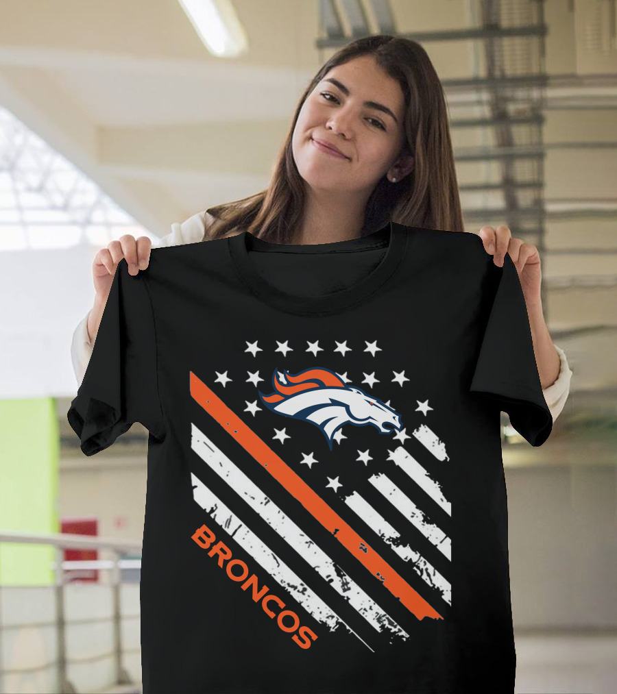 Broncos Logo With Stars And Stripes In Orange And White T-Shirt