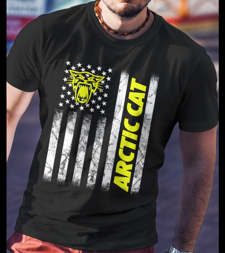 Arctic Cat Yellow Logo With American Flag Stripes And Stars T-Shirt