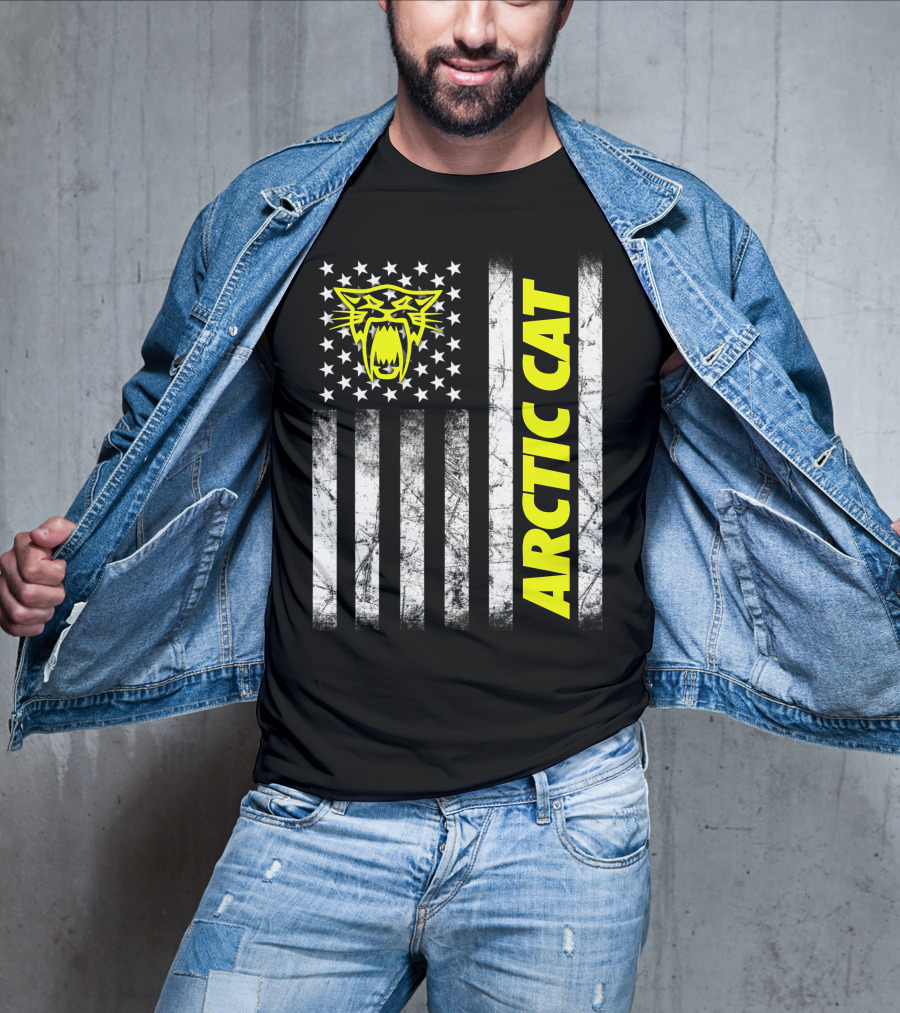Arctic Cat Yellow Logo With American Flag Stripes And Stars T-Shirt