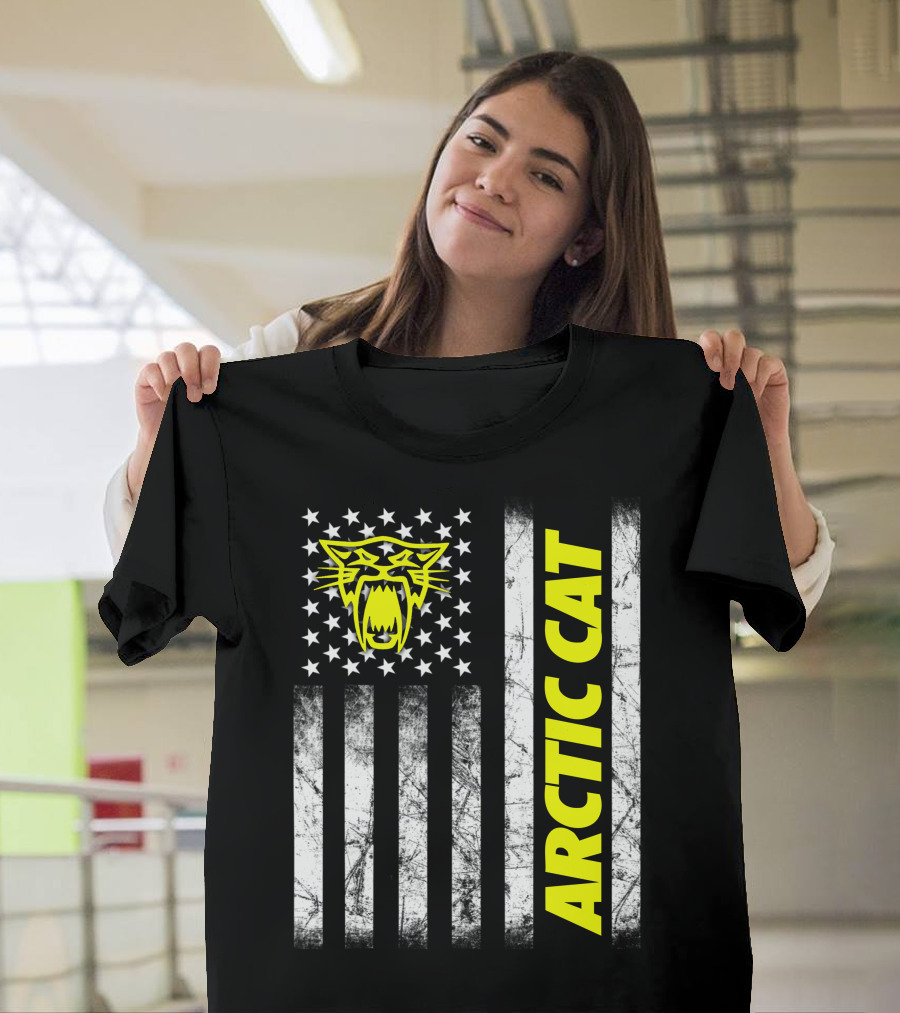 Arctic Cat Yellow Logo With American Flag Stripes And Stars T-Shirt