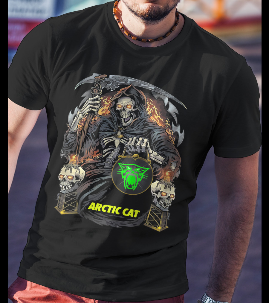 Arctic Cat Grim Reaper Skeleton Holding Scythe And Neon Green Cat T-Shirt