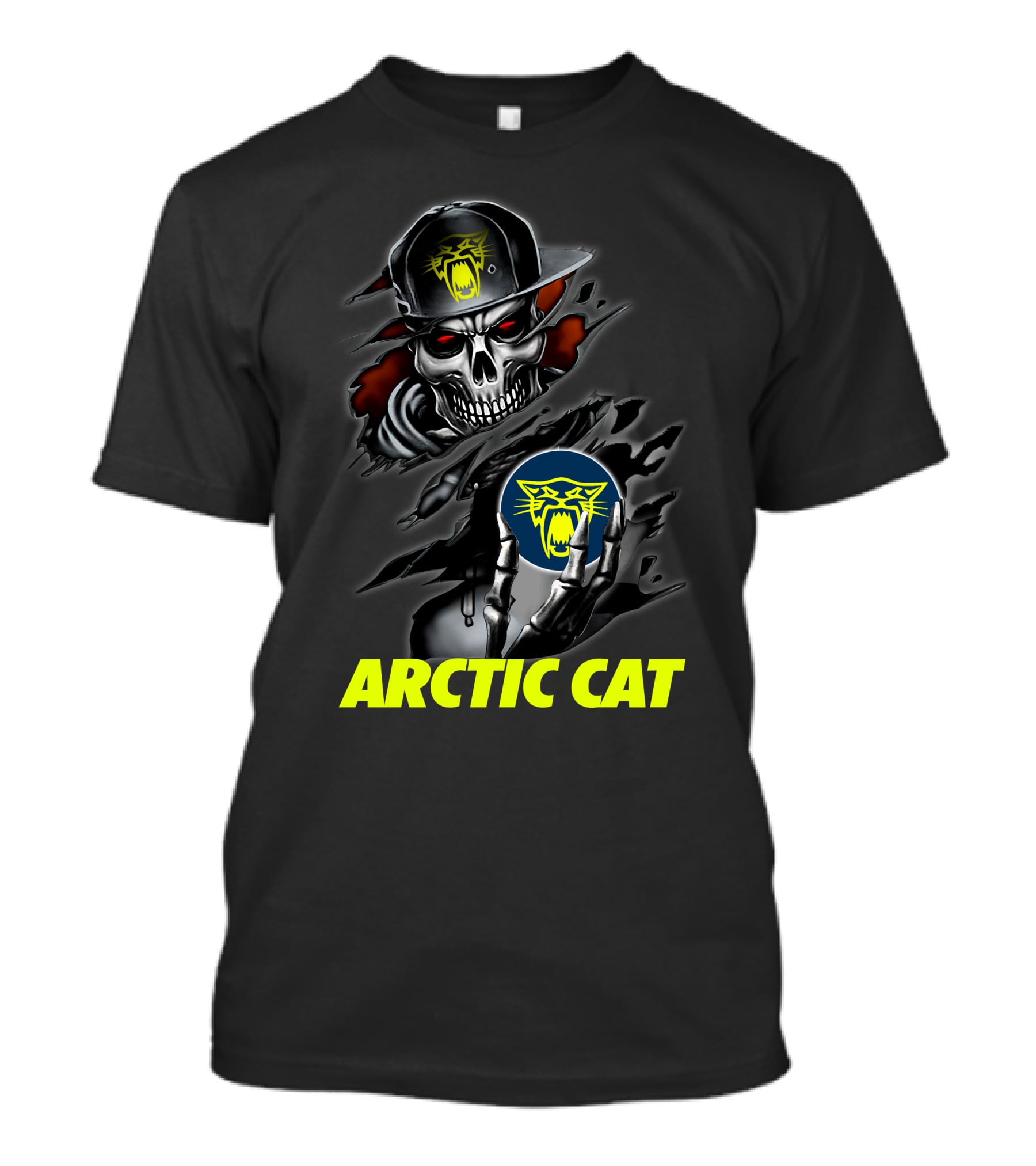 Arctic Cat Skull Skeleton With Hat Holding T-Shirt
