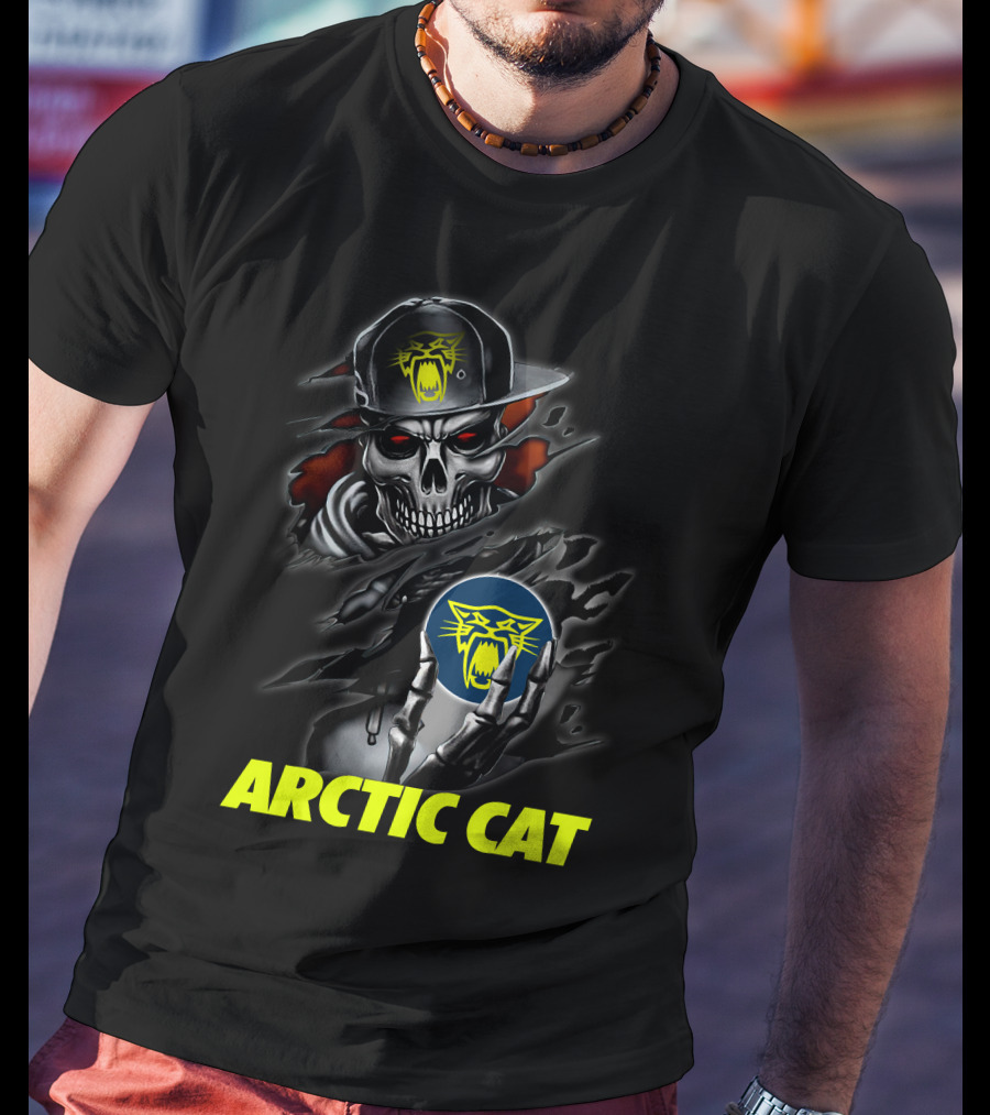 Arctic Cat Skull Skeleton With Hat Holding T-Shirt